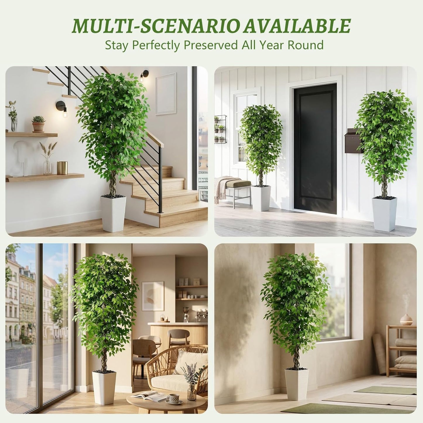 Artificial Ficus Tree 6FT Faux Plants Indoor Tall Fake Plants with White Planter, Green Lifelike Lush Fake Ficus Tree for Home Living Room Bedroom Outdoor Balcony House Office Decor