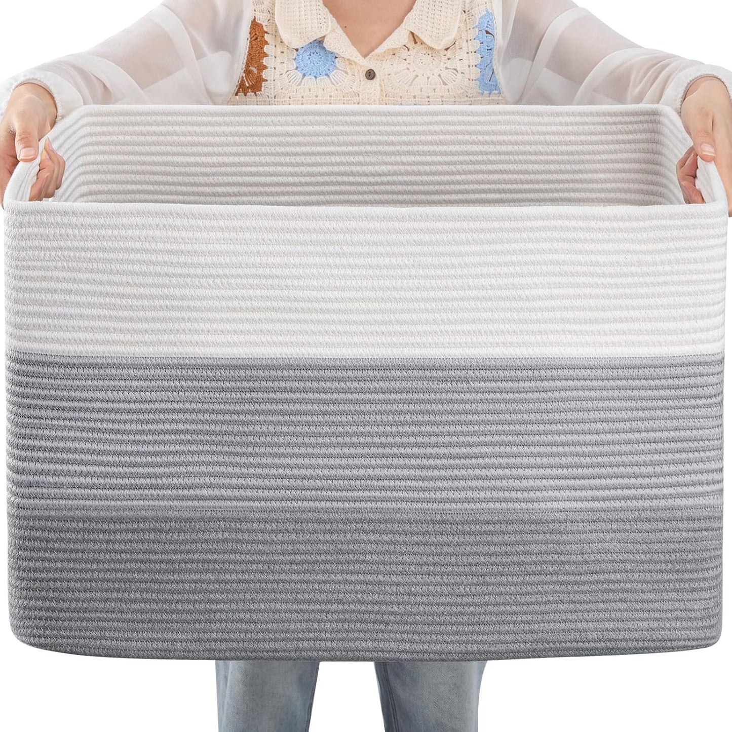 OIAHOMY Large Blanket Basket, 22”x17”x12” Rectangle Woven Baskets, Nursery Blanket Storage Living Room, Toy Storage With Handle, Large Baskets for Organizing-Gradient Yellow