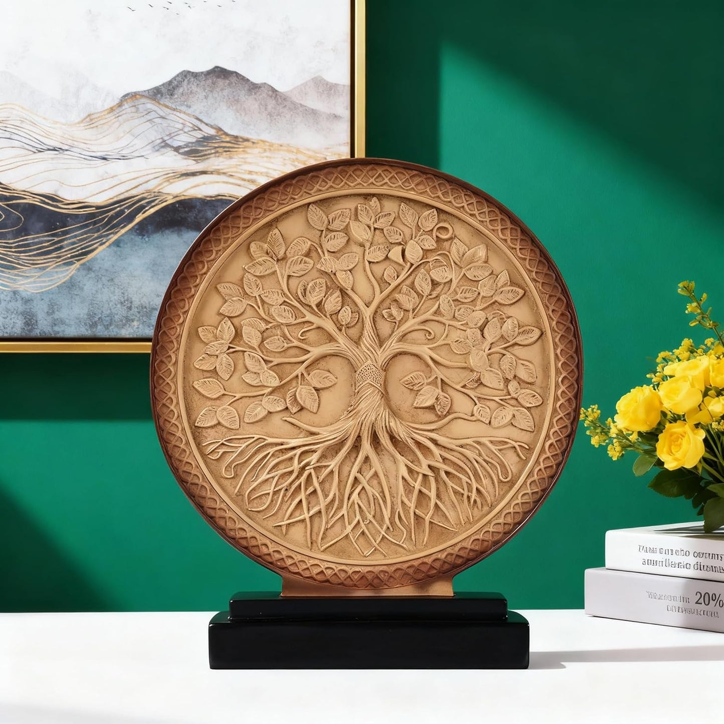 DOVDOV Abstract Circular Tree of Life Decorative Sculpture, Black and Gold Home Decor, Modern Art Home Accent Suitable for Office Shelves, Coffee Tables, and Above Cabinet Decorative Statue.