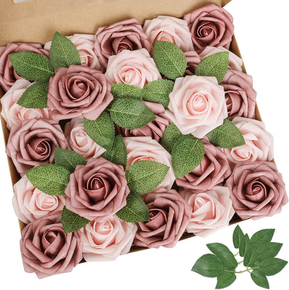 AmyHomie Artificial Flowers Dark Red Rose 25pcs Real Looking Fake Roses w/Stem for DIY Wedding Bouquets Centerpieces Arrangements Party Baby Shower Mothers Day Christmas Tree Decorations