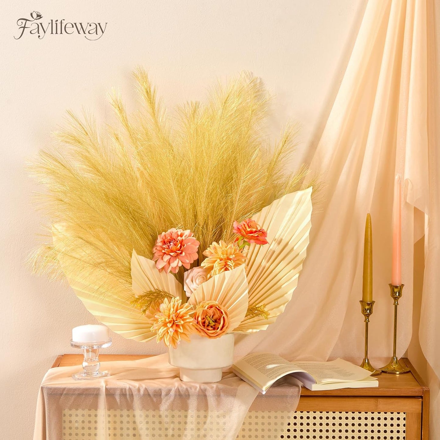 50pcs Pampas Grass 17in for Living Room Decor, Blush Pink Pampas Grass Decor, Fluffy Pink Flowers for Home Birthday Bathroom Baby Shower Wall Bow Decor(Blush & Cream & Pink)
