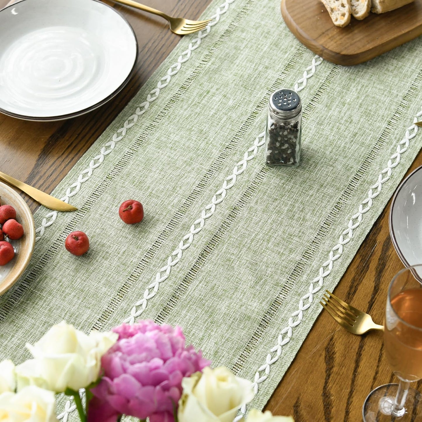 Artoid Mode Beige Rustic Cotton Linen Table Runner, Seasonal Embroidered Hollow Kitchen Dining Table Decoration for Home Party Decor 13x72 Inch