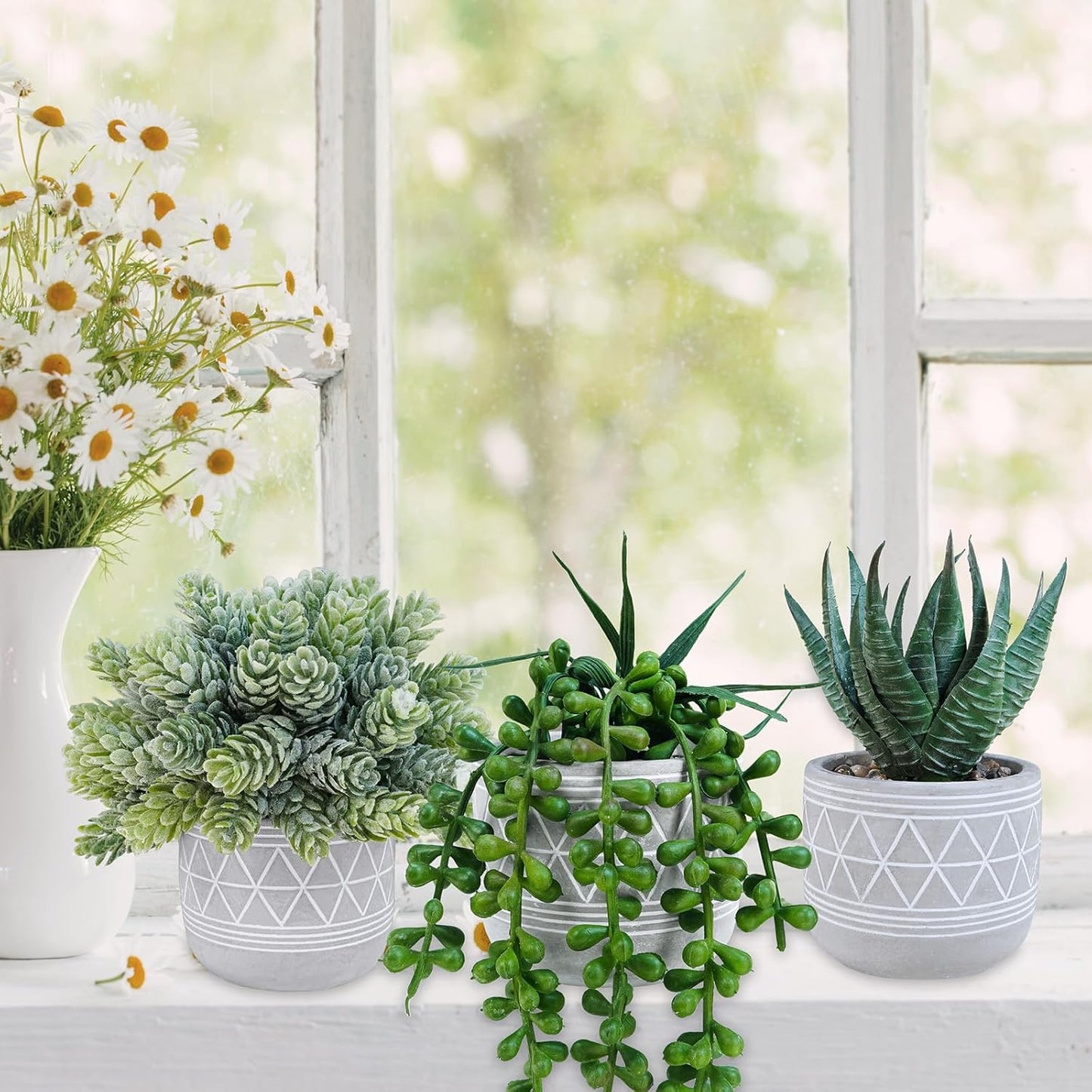 Winlyn Set of 3 Mini Faux Succulent Potted Plants Artificial Aloe Hops String of Pearls Fake Succulents in Gray Geometric Concrete Pots for Home Office Table Shelf Kitchen Living Room Boho Décor