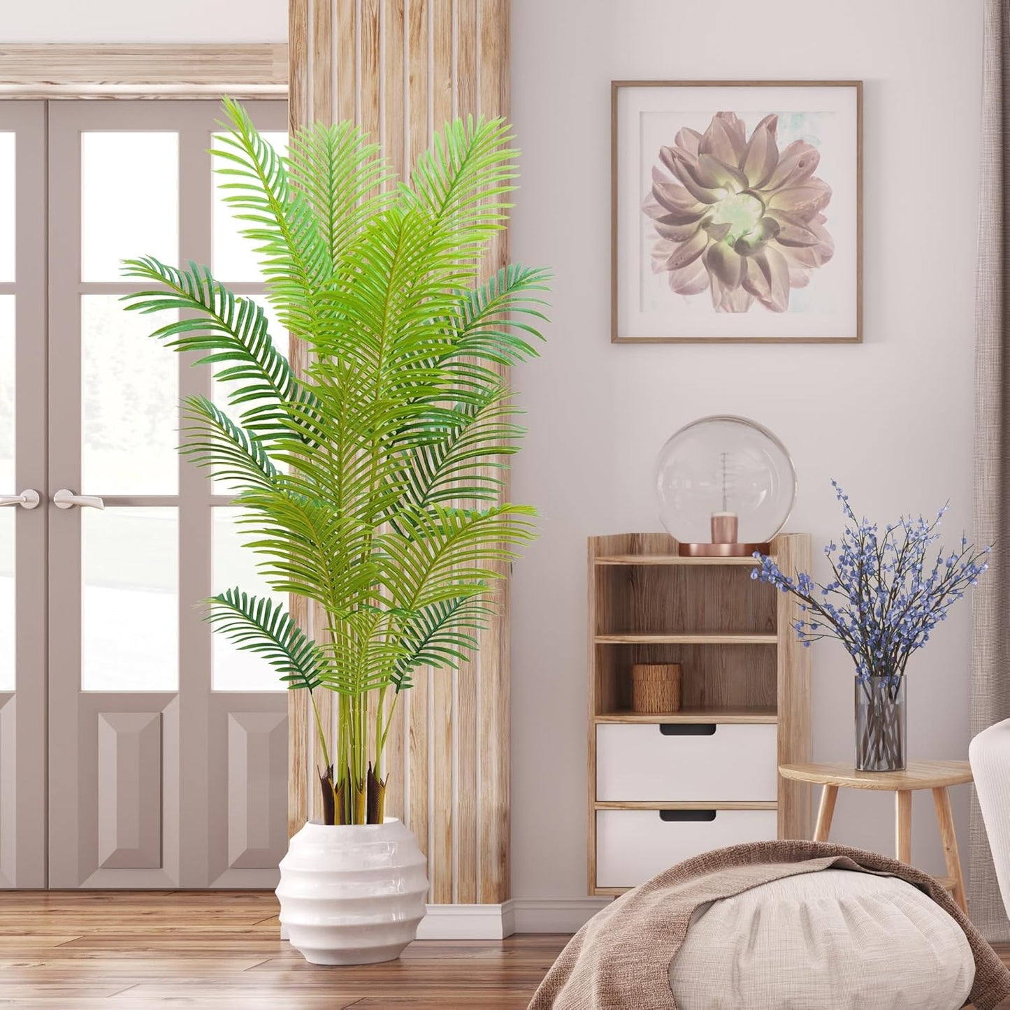 6FT Artificial Palm Tree Indoor with White Pot, Realistic Leaves, 15 Trunks Adjustable Branches, Tall Faux Fake Palm Plant, Ideal for Living Room Bedroom Office Home Interior Aesthetic Decor