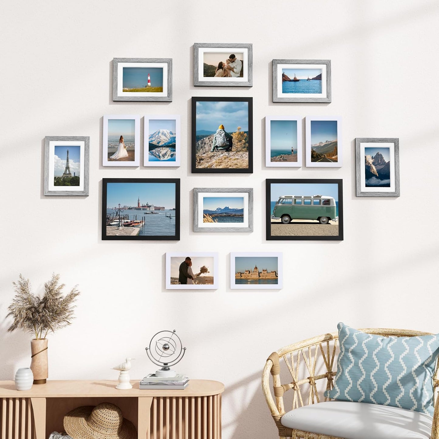 Vittanly 15 Pack Picture Frames Collage Wall Decor for Mounting or Tabletop Display, Gallery Frame Set for Family, Multi Sizes Including 3pcs 8x10, 6pcs 5x7, 6pcs 4x6, Black