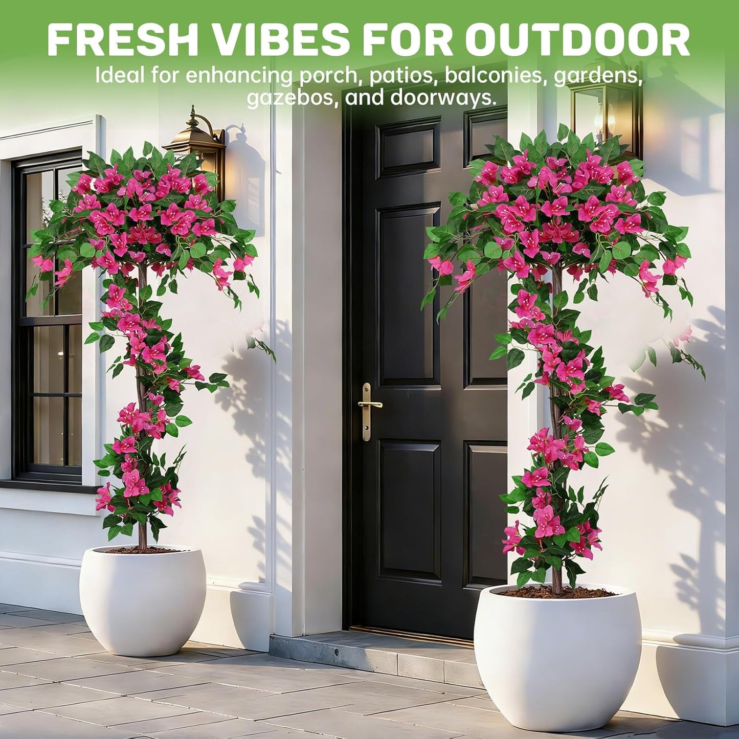 2Pack 4FT Artificial Bougainvillea Topiary Trees for Outdoor, Fake Silk Flowers Plants Bushes with Ground Spike, Faux UV Resistant Shurbs Trees for Outside,Front Porch,Patio,Balcony Decor