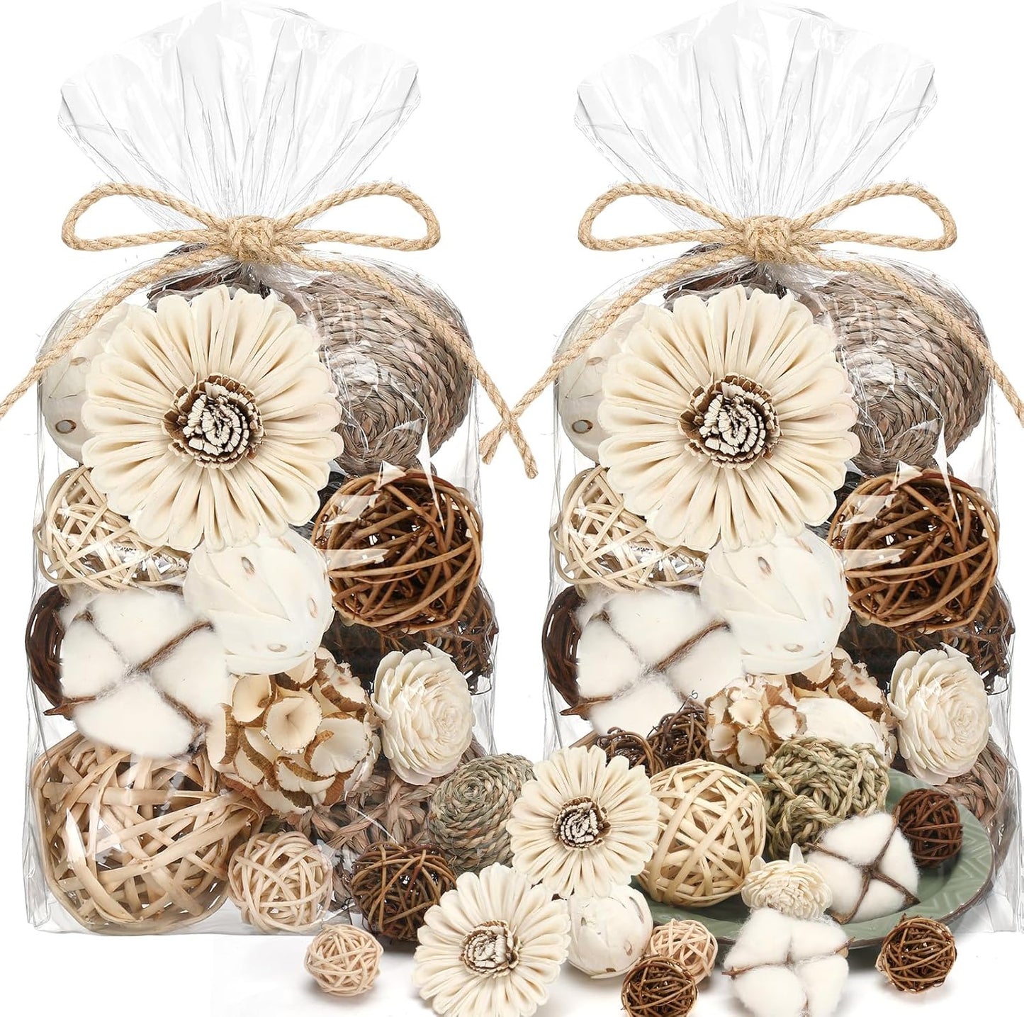 Riceshoot 2 Pack Decorative Balls Potpourri Bowl Filler Decor Natural Vase Bowl Filler Assorted Spherical Rattan Twigs Wicker Balls Cotton for Home Centerpiece(White)