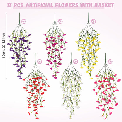 INXUGAO Artificial Flowers with Hanging Basket, Outdoor Faux Plants Silk Morning Glory Vines, Fake Green Arrangement for Garden Patio Spring Summer Decor(4pcs,Darkorchid)