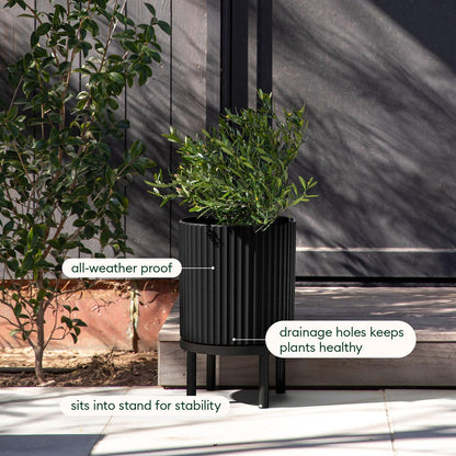 Veradek Demi Series Round Planter w/ Stand for Porch/Patio | Durable Plastic-Concrete & Wooden Stand | Modern Décor for Tall Plants, Flowers