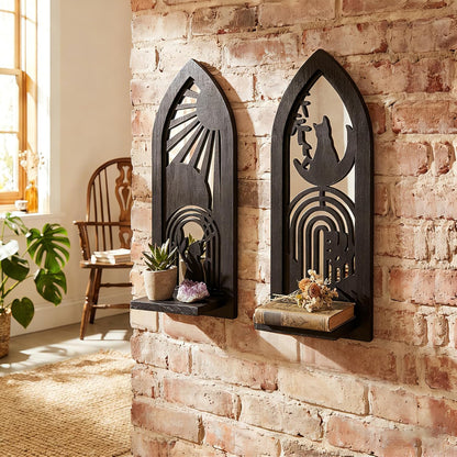 Wood Wall Sconce Candle Holder Set 2, Rustic Wall-Mount Candle Holders, Farmhouse Hanging Wall Décor, Carved Wood Frame, Mirrored Candle Holder (Distressed White)
