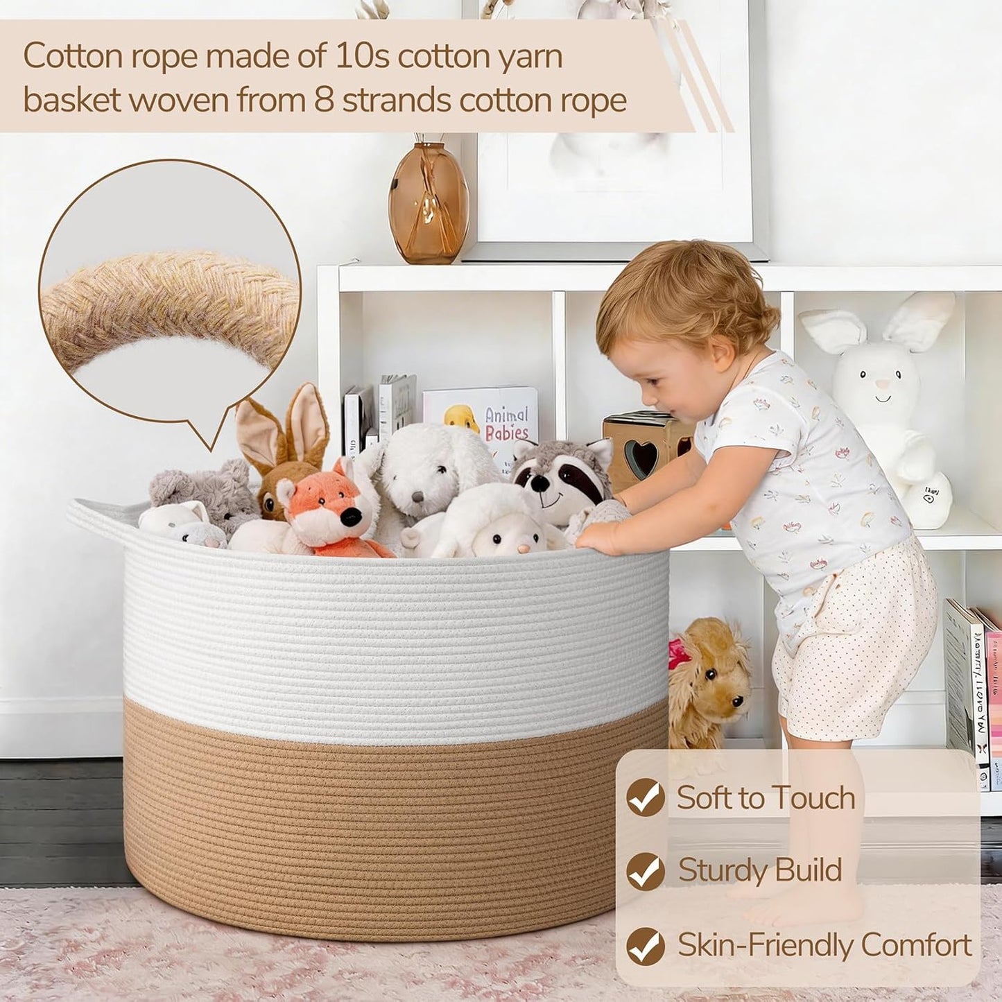 INDRESSME XXXLarge Blanket Basket for Living Room 21.7" x 21.7" x 13.8"-Storage Basket with Handle for Organizing Toy Pillows Woven Cotton Rope Laundry Basket Stuffed Animal Toy Storage for Play Room