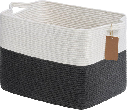 Goodpick Woven Storage Basket, Cotton Rope Basket for Dog Toys, Books, Stylish Gift Basket with Handles, 13 x 10 x 9 Inches Square Baskets for Organizing, Brown and White