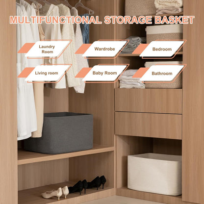OIAHOMY 75L Large Woven Cotton Rope Storage Basket with Handle for Organizing Blanket and Toys for Living Room, Nursery, Brown Variegated 22”x17”x12”