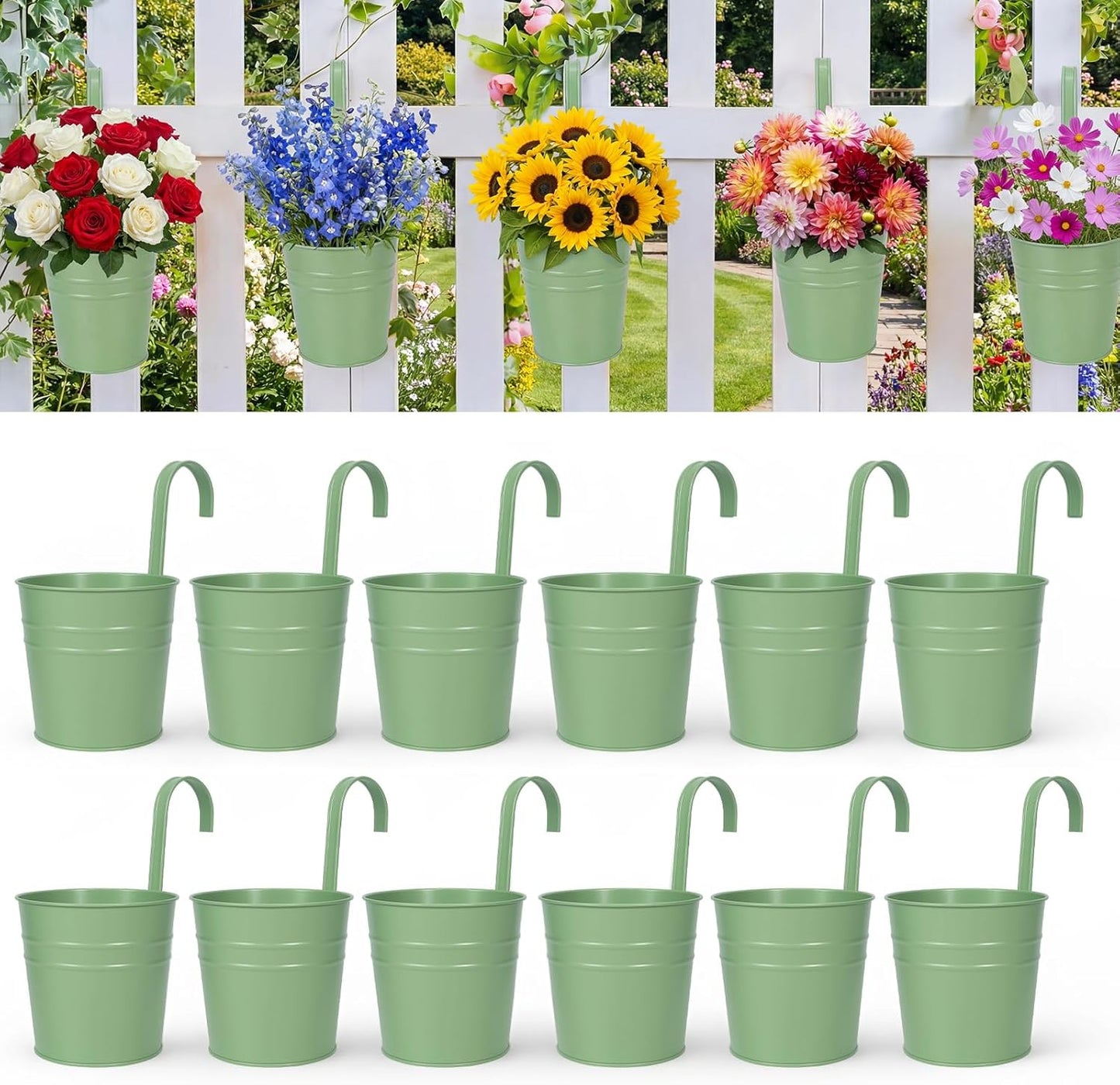 HowRU Metal Iron Flower Pots for Railing Fence Hanging Bucket Pots(5 Pcs) and Hanging Flower Pots Metal Iron Bucket Planter(10 Pcs) (Black)