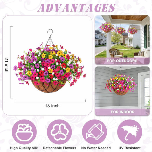 Artificial Silk Flowers Hanging Basket for Outdoor Indoor, Daisy with Eucalyptus Leaves Arrangement for Garden Yard Spring Summer Decor, Faux Green Plant in Metal Coconut Lining Pot(Red Purple)