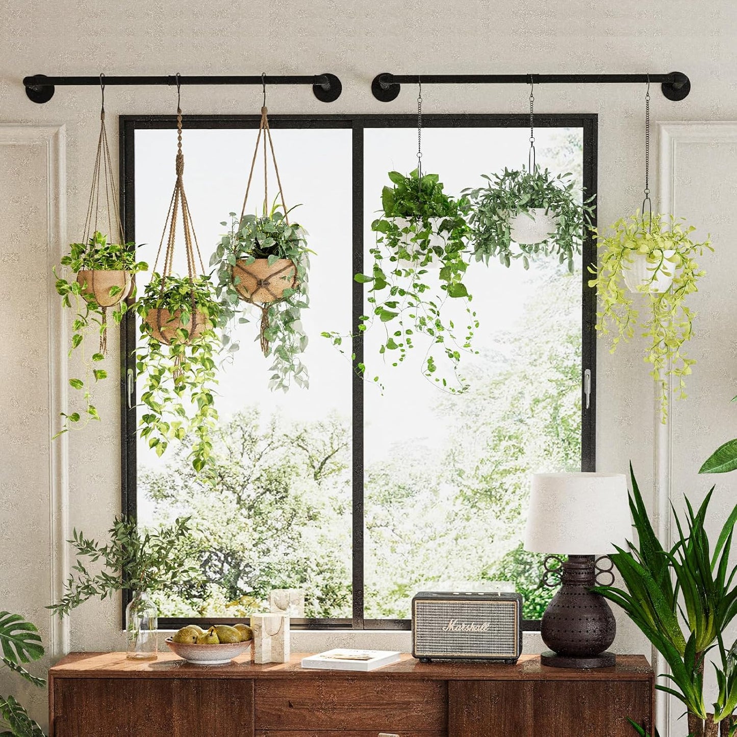 Galood Plant Hanger Indoor with 6 Hanging Chains Hanging Planters for Indoor Plants Hanging Plant Holder Window Plants Rod Black Metal Shelves(70.8 Inch Pot not Included