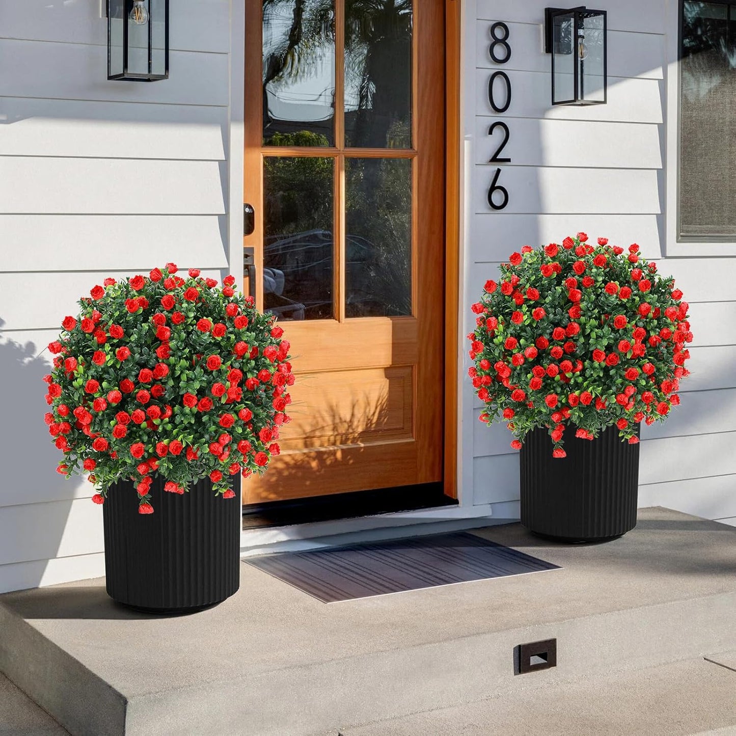 Artificial Red Eucalyptus Topiary Ball Tree 24" with Ground Spike, Set of 2 Artificial Boxwood Bushes for Faux Shrubs, Fake Evergreen Faux Plant for Indoor Outdoor Garden -UV Resistant–Fade-Proof
