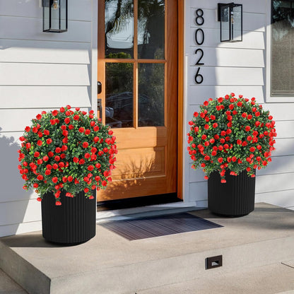 Artificial Red Eucalyptus Topiary Ball Tree 24" with Ground Spike, Set of 2 Artificial Boxwood Bushes for Faux Shrubs, Fake Evergreen Faux Plant for Indoor Outdoor Garden -UV Resistant–Fade-Proof