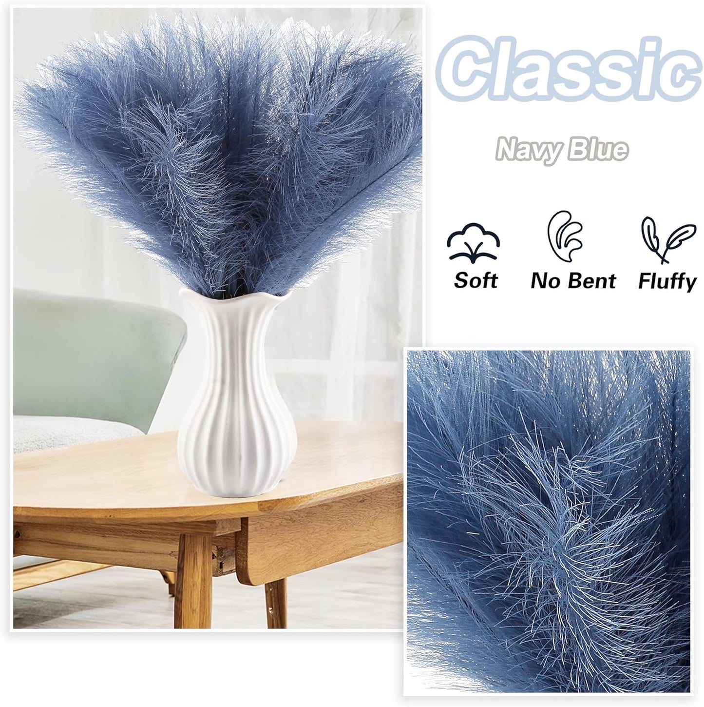 20Pcs Navy Blue Gradient and White Faux Pampas Grass Decor, 21.7"" Pompas Grass Flower Arrangement and Vase Filler for Boho Home Wedding Decoration, Black