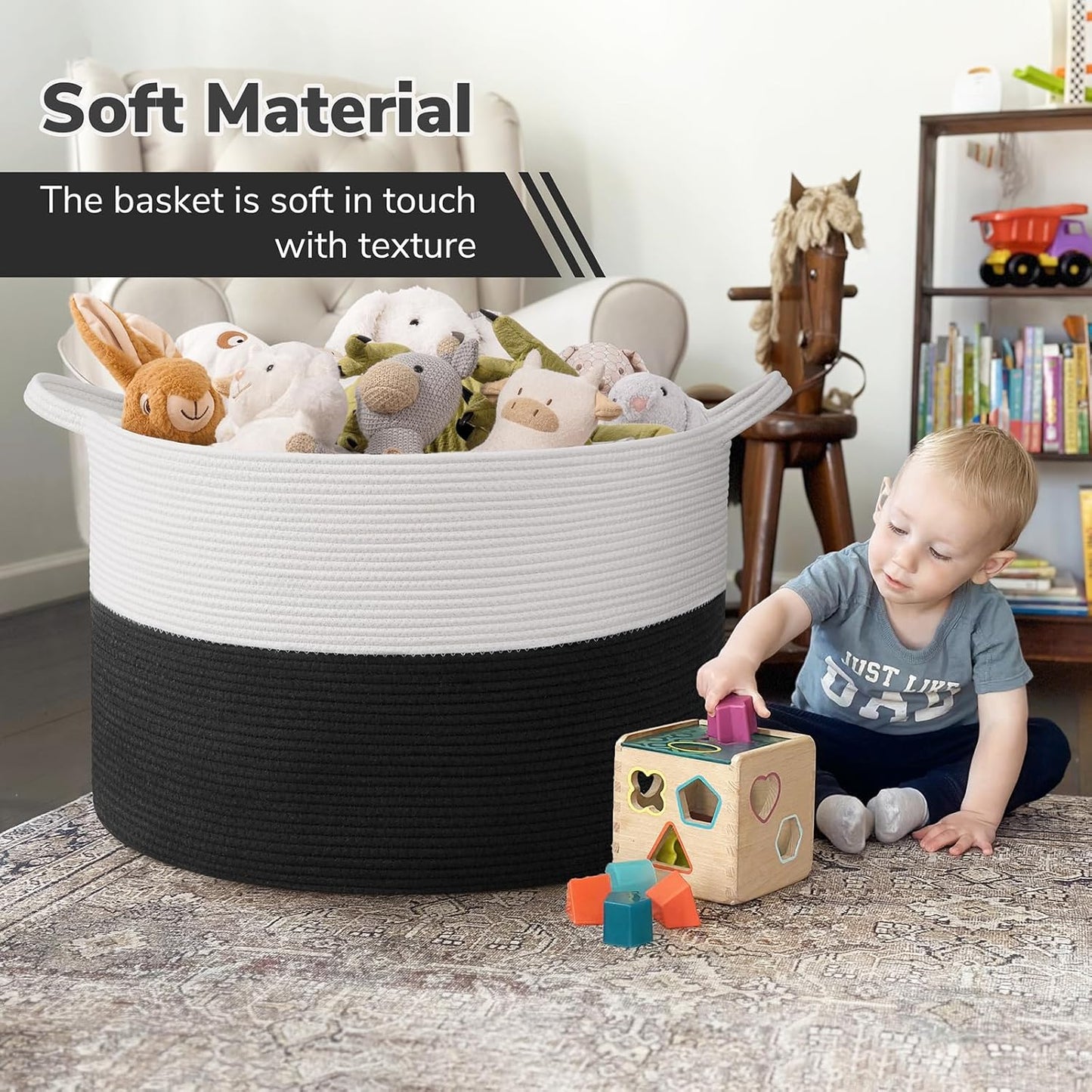INDRESSME XXXLarge Blanket Basket for Living Room 21.7" x 21.7" x 13.8"-Storage Basket with Handle for Organizing Toy Pillows Woven Cotton Rope Laundry Basket Stuffed Animal Toy Storage for Play Room