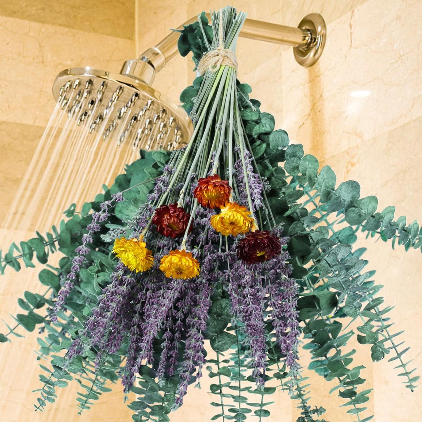 115 Pcs Eucalyptus Stems & Lavenders Flowers Bundles for Shower, 17'' Upgrade Hanging Shower Plant, Natural Real Eucalyptus Leaves Lavenders Stems with Chrysanthemums, Fragrant Bathroom Decor