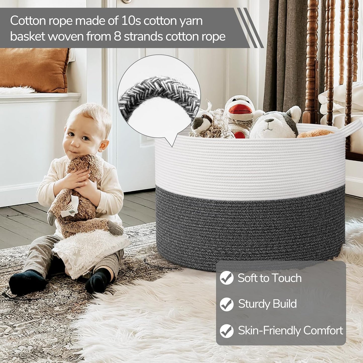 INDRESSME XXXLarge Blanket Basket for Living Room 21.7" x 21.7" x 13.8"-Storage Basket with Handle for Organizing Toy Pillows Woven Cotton Rope Laundry Basket Stuffed Animal Toy Storage for Play Room