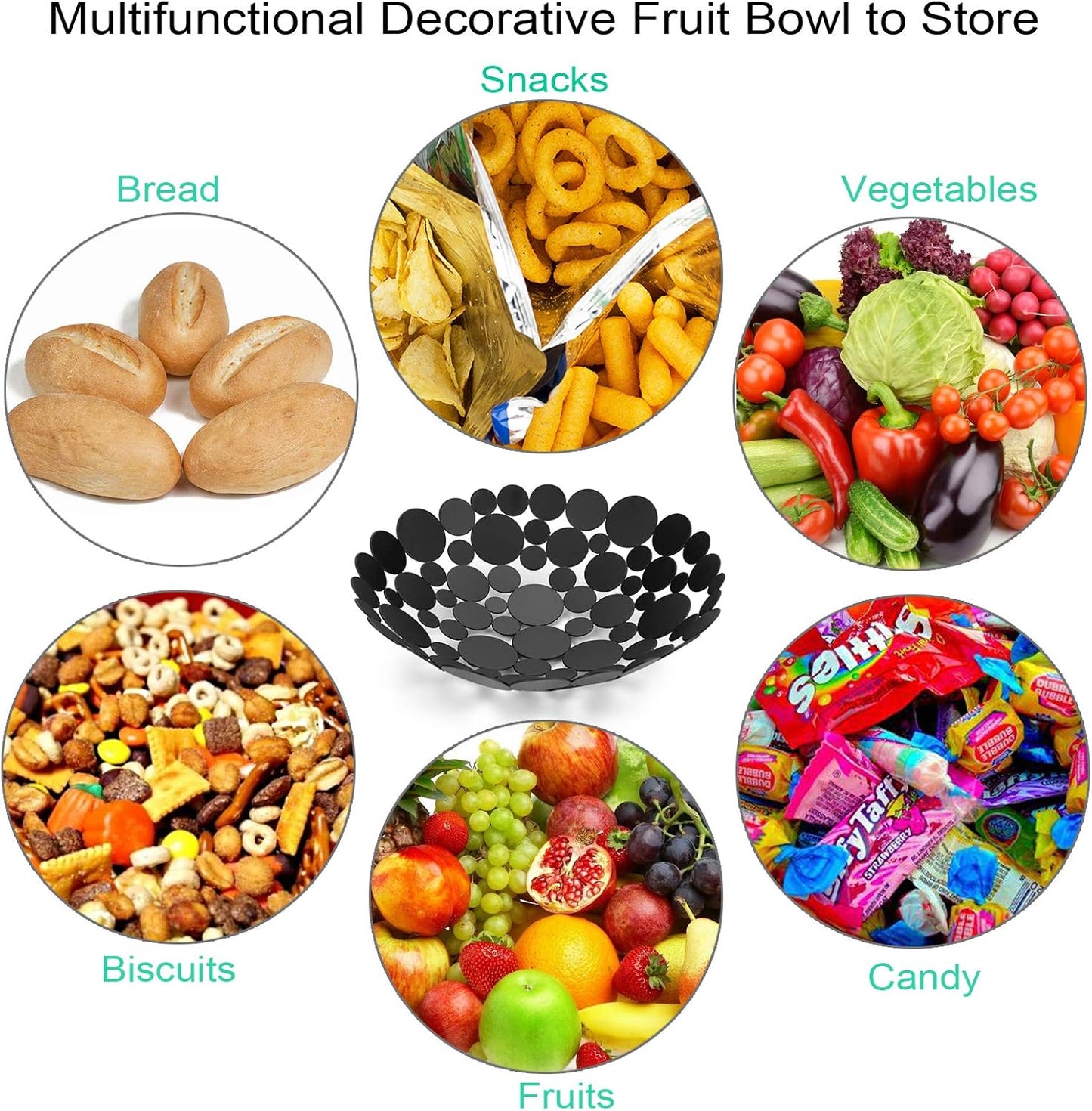 OwnMy Metal Fruit Bowl Basket Creative Table Centerpiece Fruit Stand Decorative Countertop Fruit Holder for Kitchen Counter, Iron Large Fruit Plate Round Storage Tray for Bread Snacks Candy (Black)