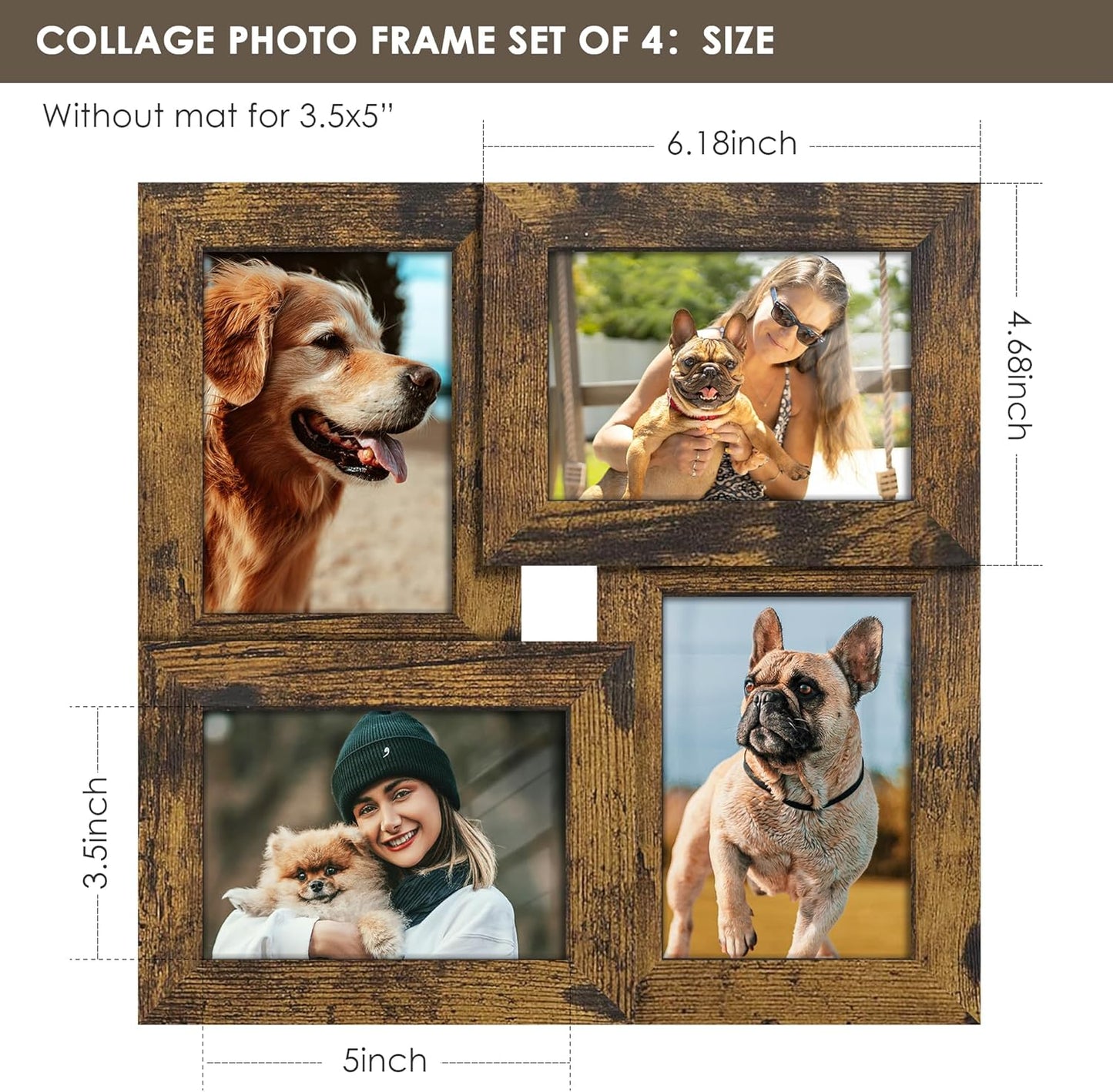 DUENPY 4x6 Collage Picture Frame Tempered Glass Front, Displays Four 4x6 Photo, Family Photo Collage Frame, Wall Decor Wall Hanging or Tabletop, Brown
