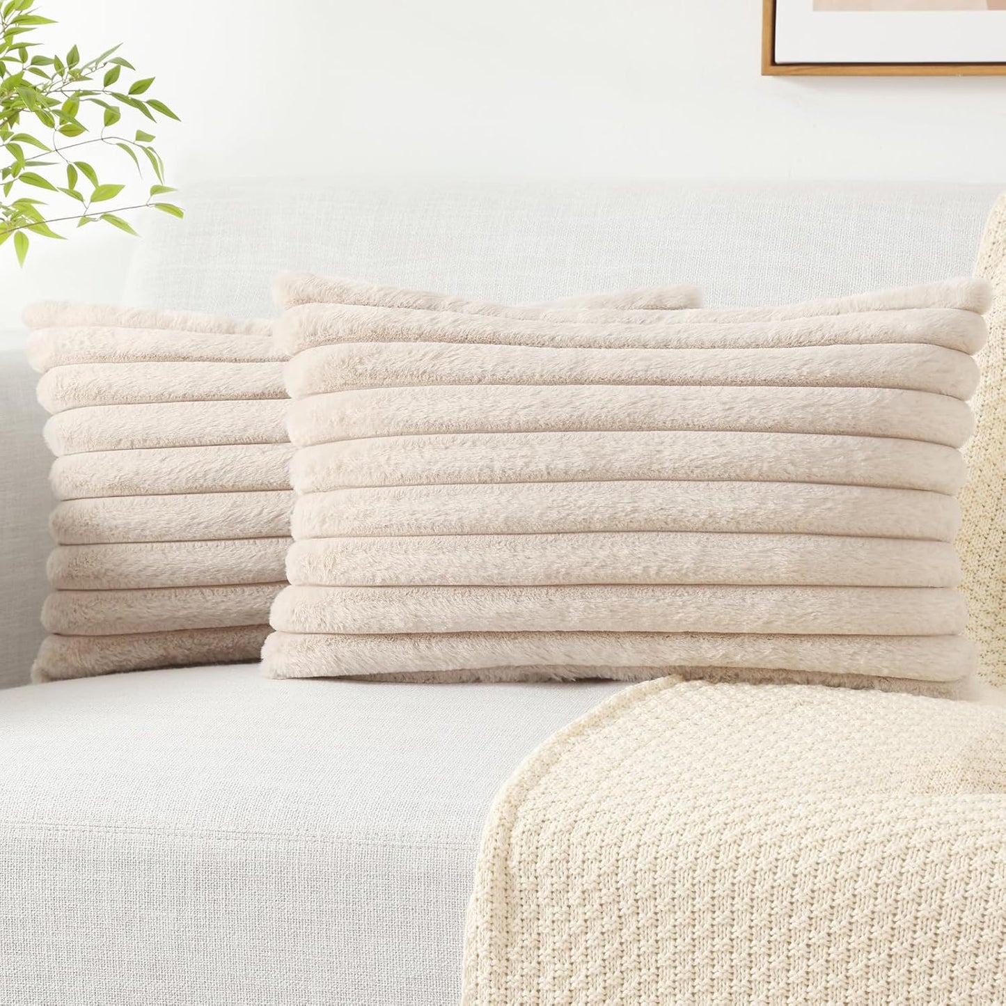 Pallene Faux Fur Plush Throw Pillow Covers 18x18 Set of 2, Luxury Soft Fluffy Striped Decorative Pillow Covers for Sofa, Couch, Living Room, Cream White