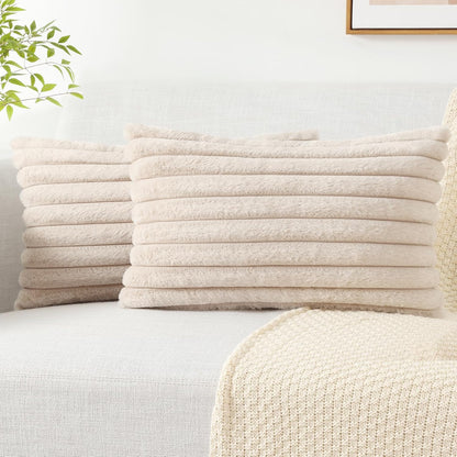 Pallene Faux Fur Plush Throw Pillow Covers 18x18 Set of 2, Luxury Soft Fluffy Striped Decorative Pillow Covers for Sofa, Couch, Living Room, Cream White