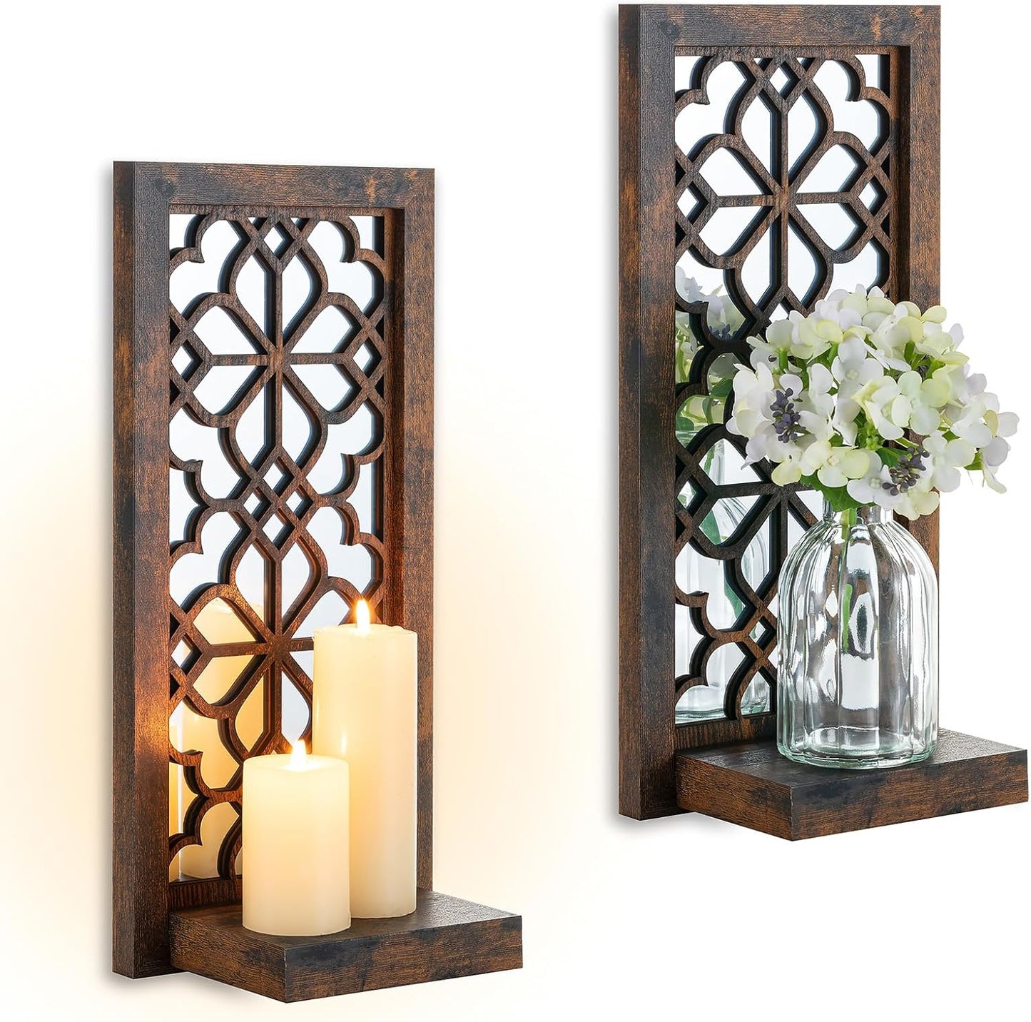 Farmhouse Wall Candle Holder Decor: Rustic Candle Sconces Set of Two for Pillar Candles - Brown Wooden Shelving for Fireplace Bathroom Hallway