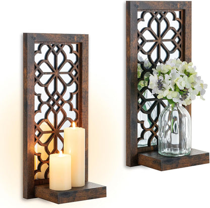 Farmhouse Wall Candle Holder Decor: Rustic Candle Sconces Set of Two for Pillar Candles - Brown Wooden Shelving for Fireplace Bathroom Hallway