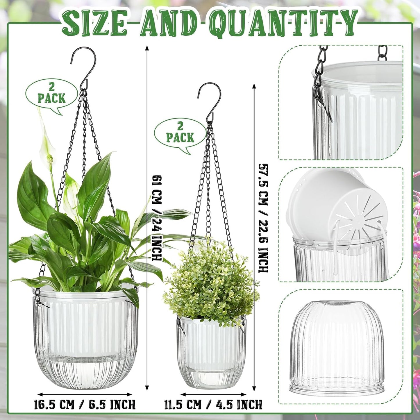 Maxcheck 4 Pcs Self Watering Hanging Planters Indoor Gift 6.5'' 4.5'' Hanging Flower Pots Baskets Outdoor Self Watering Plant with 3hooks Drainage Holes for Home