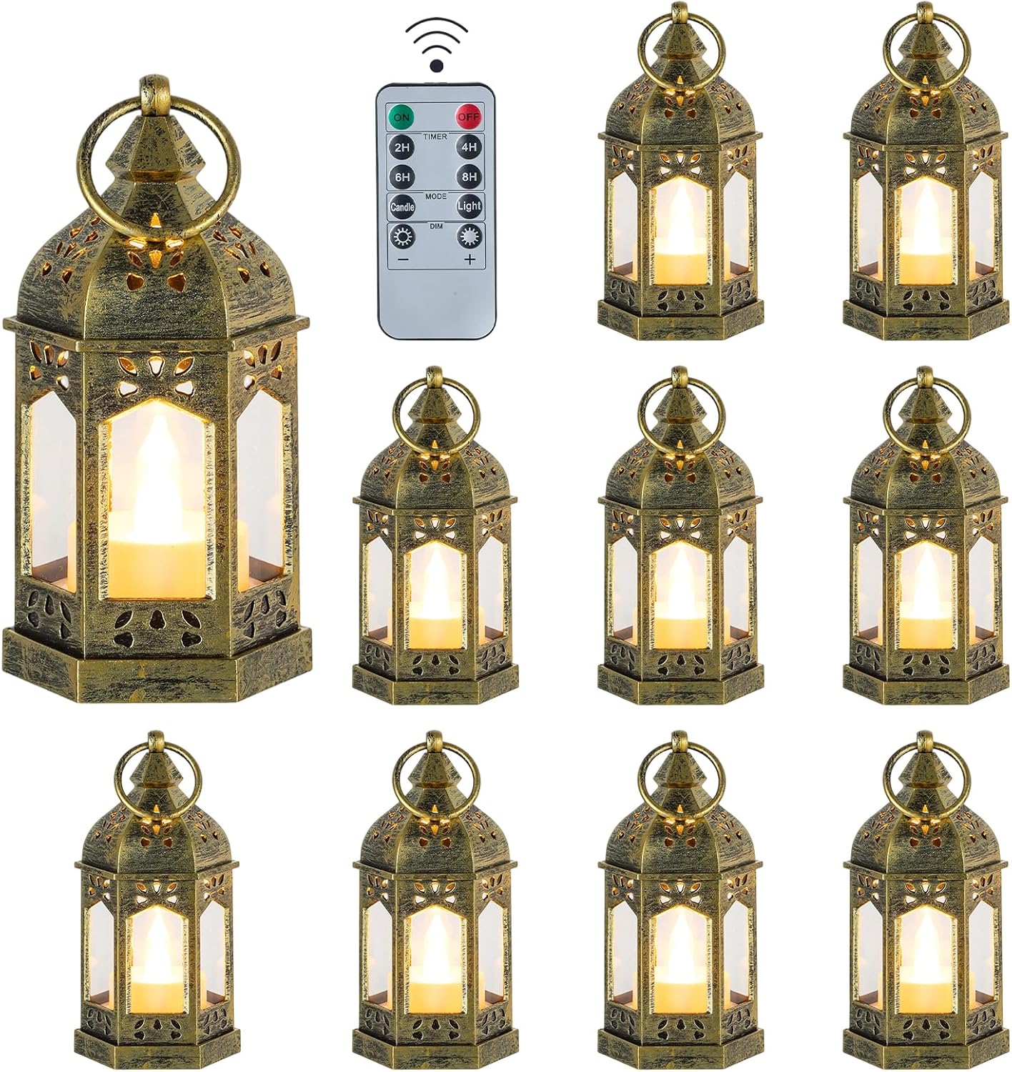 Hewory Mini Lanterns with Remote Control: Set of 10 Gold Decorative Lanterns for Centerpeces - Holiday Party Decoration for Wedding, Ramadan, Diwali, Halloween, Christmas