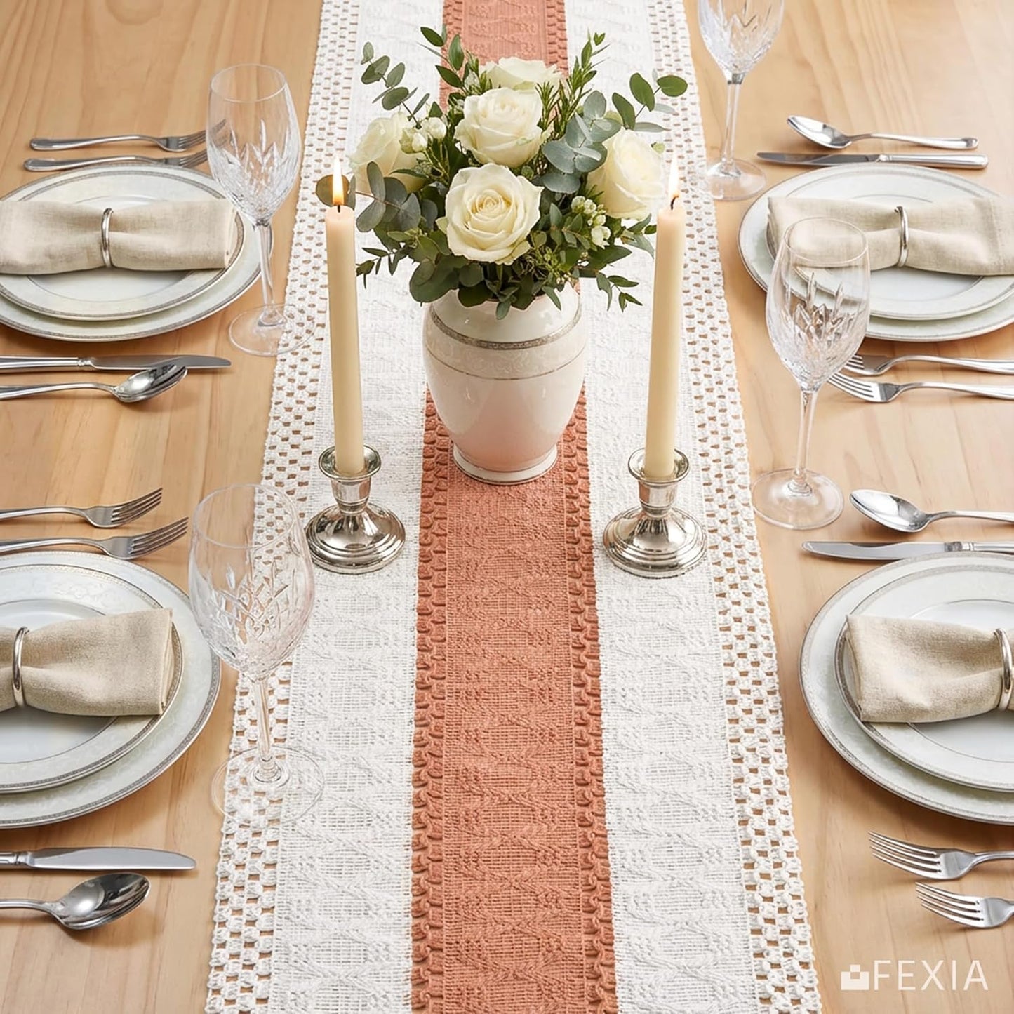 FEXIA Boho Table Runner for Thanksgiving Fall Christmas Home Decor with Tassels 72 Inches Long Pottery barn Furniture Farmhouse Rustic Macrame Burlap Table Decoration for Living Room (12x72 Inches)