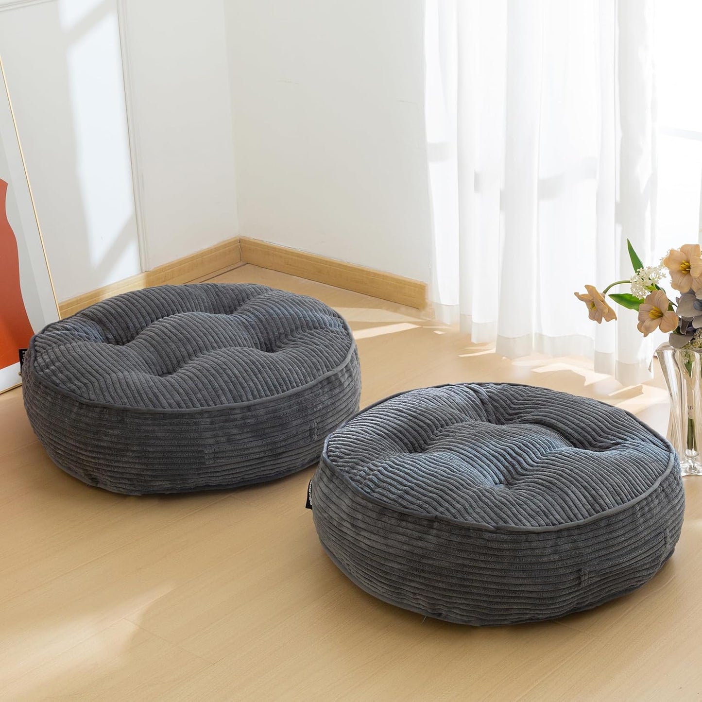 HIGOGOGO 6" Extra Thick Floor Pillow Cushion for Adults, Meditation Cushion Pillow, Large Square Floor Sitting, Tufted Corduroy Cover, for Tatami Living Room or Yoga, 22x22 Inch, 2Pack, Dark Grey