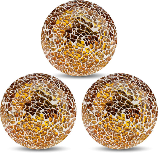 Mosaic Glass Ball 3pcs Decorative Balls for Bowls 3.35inch Gold Orbs Mirror Glass Orb Sphere for Dining Table Centerpiece Vase Living Room Wedding Party Decor