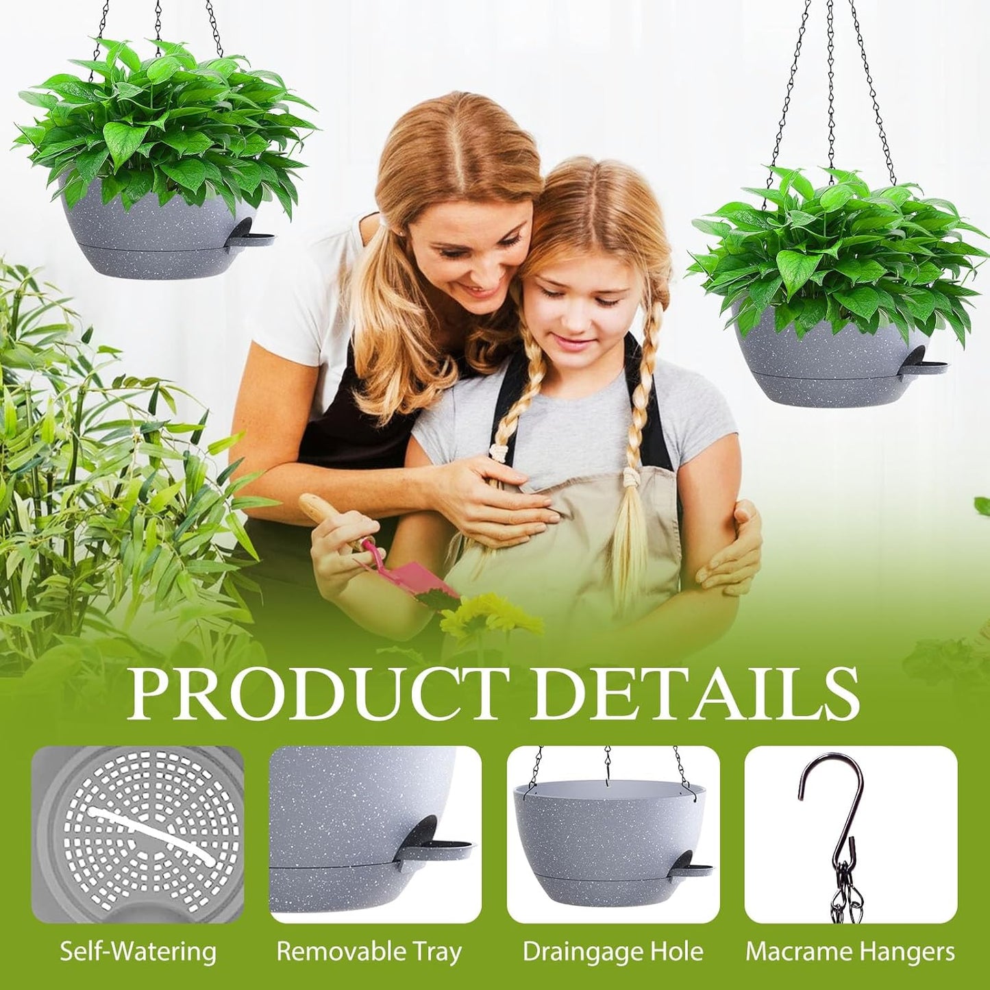 12 Inch Hanging Baskets 2 PC with Chains, Self-Watering Hanging Planters for Indoor Outdoor Plants, Plastic Hanging Flower Pots,Black