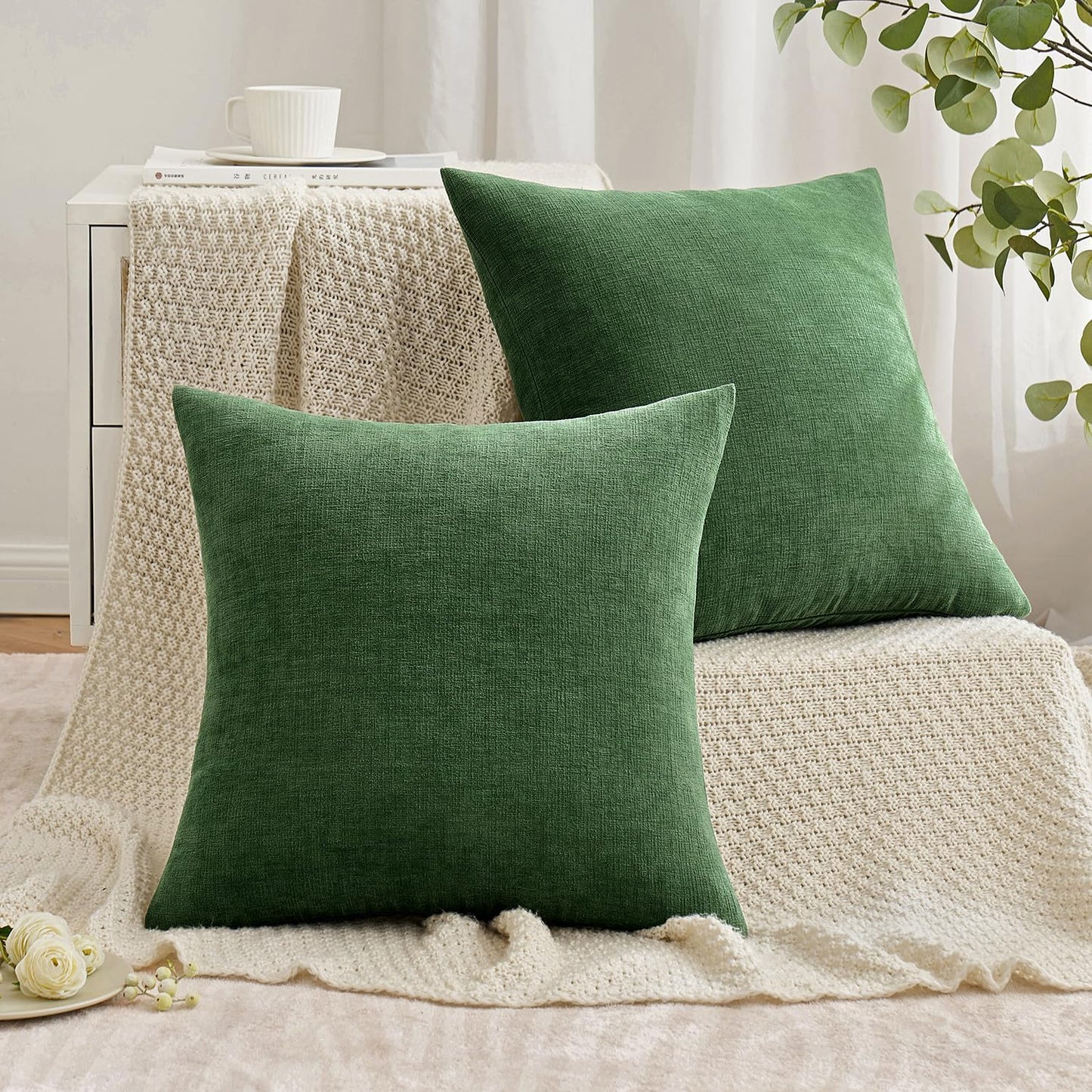 MIULEE Olive Green Couch Pillow Covers 18x18 Inch, Set of 2 Soft Chenille Decorative Square Throw Pillow Covers Farmhouse for Sofa Living Room Bed
