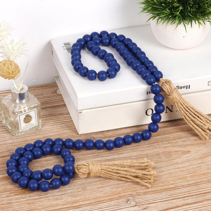 58in Wood Bead Garland with Tassels, Farmhouse Rustic Country Decor Prayer Boho Wall Hanging Decoration (Nature)