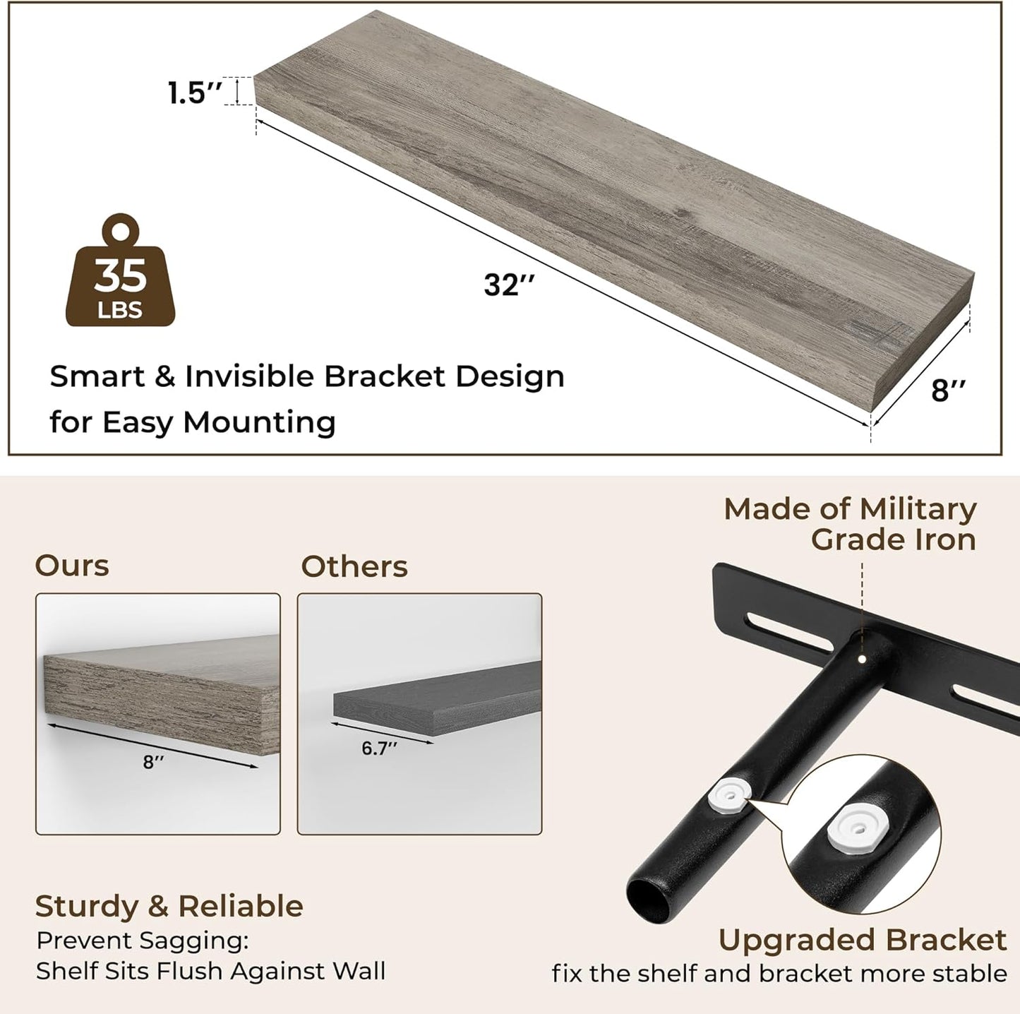 RICHFOCUS 72Inch Floating Shelves for Wall 2 Pack Shelves for Bedroom|Kitchen|Bathroom Wall Mounted Rustic Wood Floating Shelf with Invisible Brackets for Books|Storage|Decor, Rustic Brown