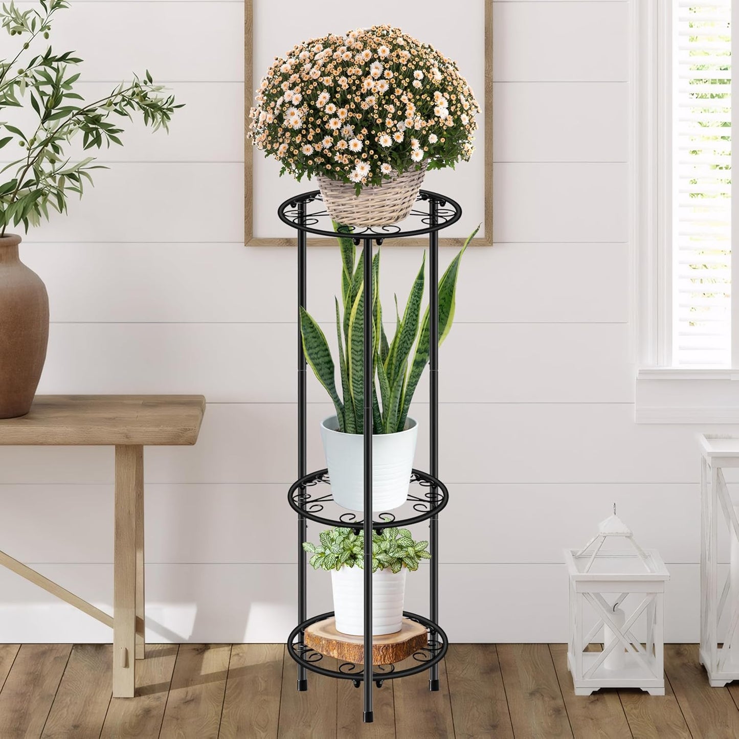 CASIMR Plant Stand Indoor Outdoor, Metal Rustproof Flower Shelf 2 Tier 23.9 inch, Tall Multiple Plant Pot Holder Rack for Garden Patio Living Room Corner Balcony, Black