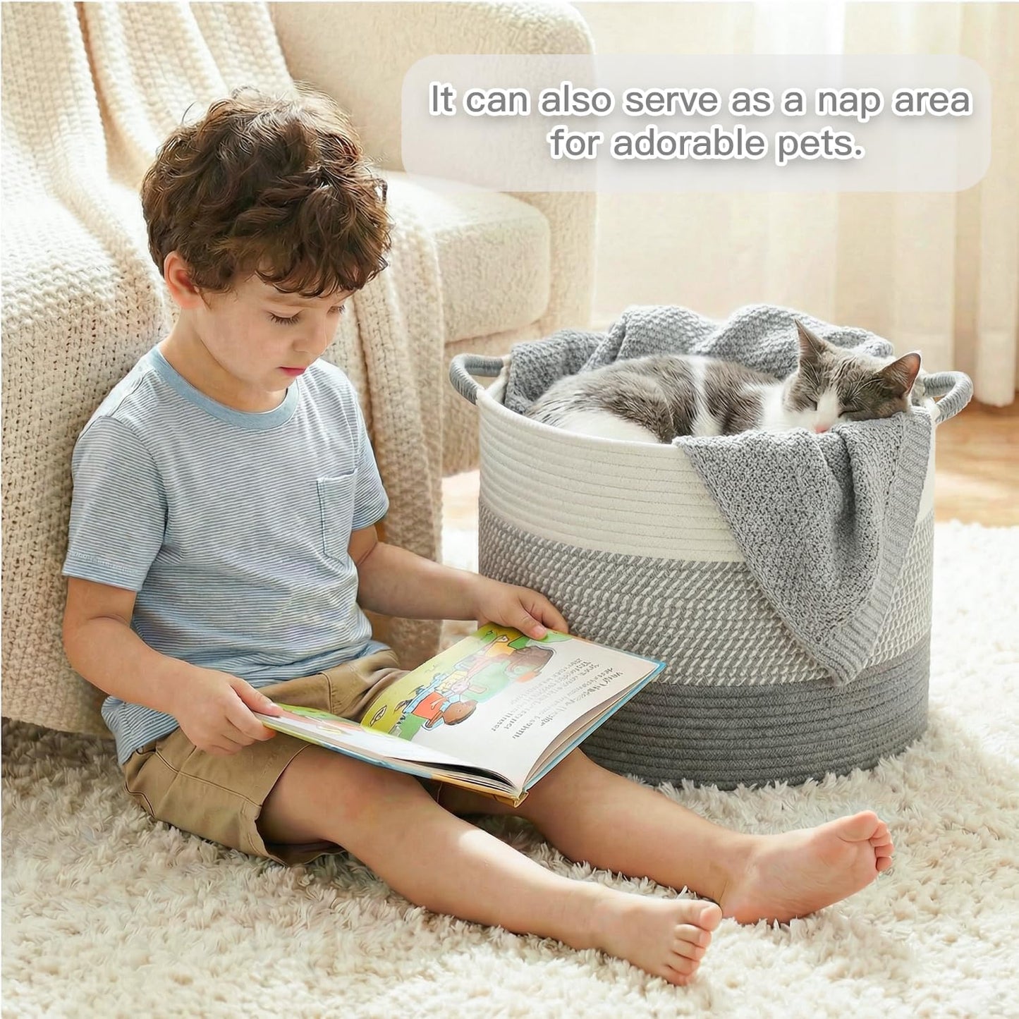 Artfeel 70L Large Cotton Rope Basket, Decorative Woven Blanket Storage for Living Room, Boho Toy Storage & Toy Box for Kids, Versatile Laundry Basket & Nursery Hamper for Blankets(Brown)