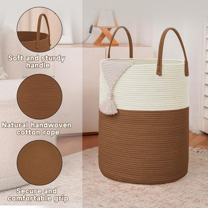JMvicyroam Large Woven Laundry Basket Hamper,60L Cotton Rope Storage Bin for Blankets,Toys and Clothes,Decorative Tall Nursery Hamper for Living Room,Baby Nursery,Bathroom and Bedroom,Brown