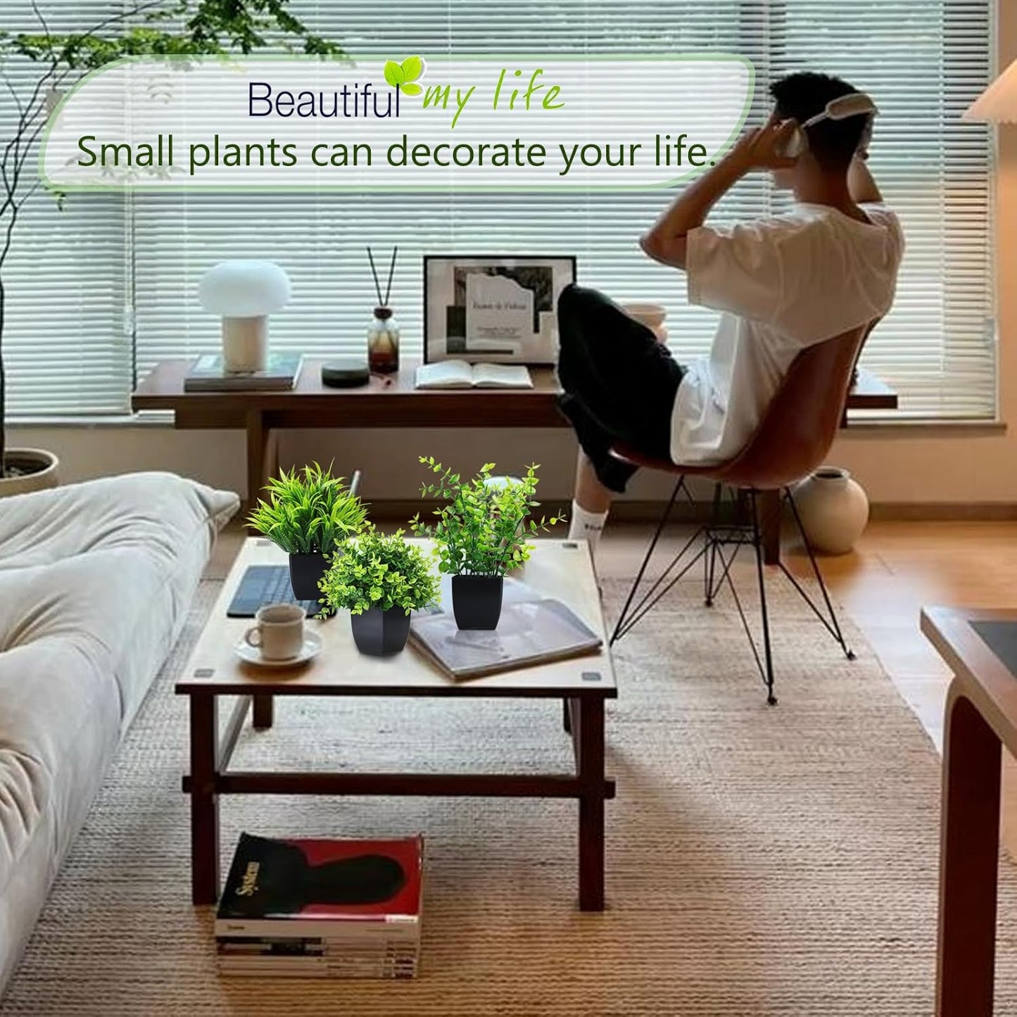 GREENTIME 4 Pack Fake Plants in Black Pot Mini Artificial Eucalyptus Potted Plant Small Faux Grass Greenery Potted for Indoor Home Office Farmhouse Bathroom Table Decoration