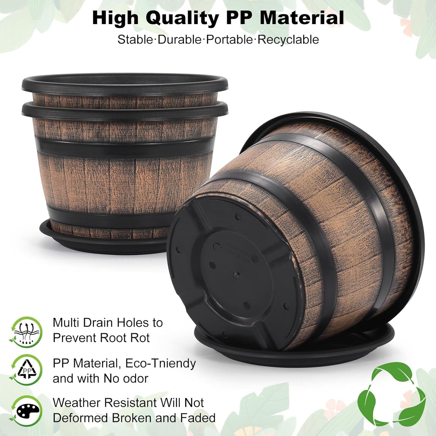 Quarut 3 Pack 10 inch Plant Pots,Whiskey Barrel Planters with Drainage Holes & Saucer, Plastic Decoration Flower Pots Imitation Wine Barrel Design, for Indoor & Outdoor Garden Home Plants (Brown)