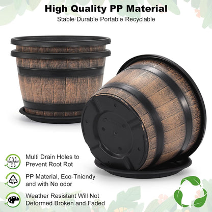 Quarut 3 Pack 10 inch Plant Pots,Whiskey Barrel Planters with Drainage Holes & Saucer, Plastic Decoration Flower Pots Imitation Wine Barrel Design, for Indoor & Outdoor Garden Home Plants (Brown)