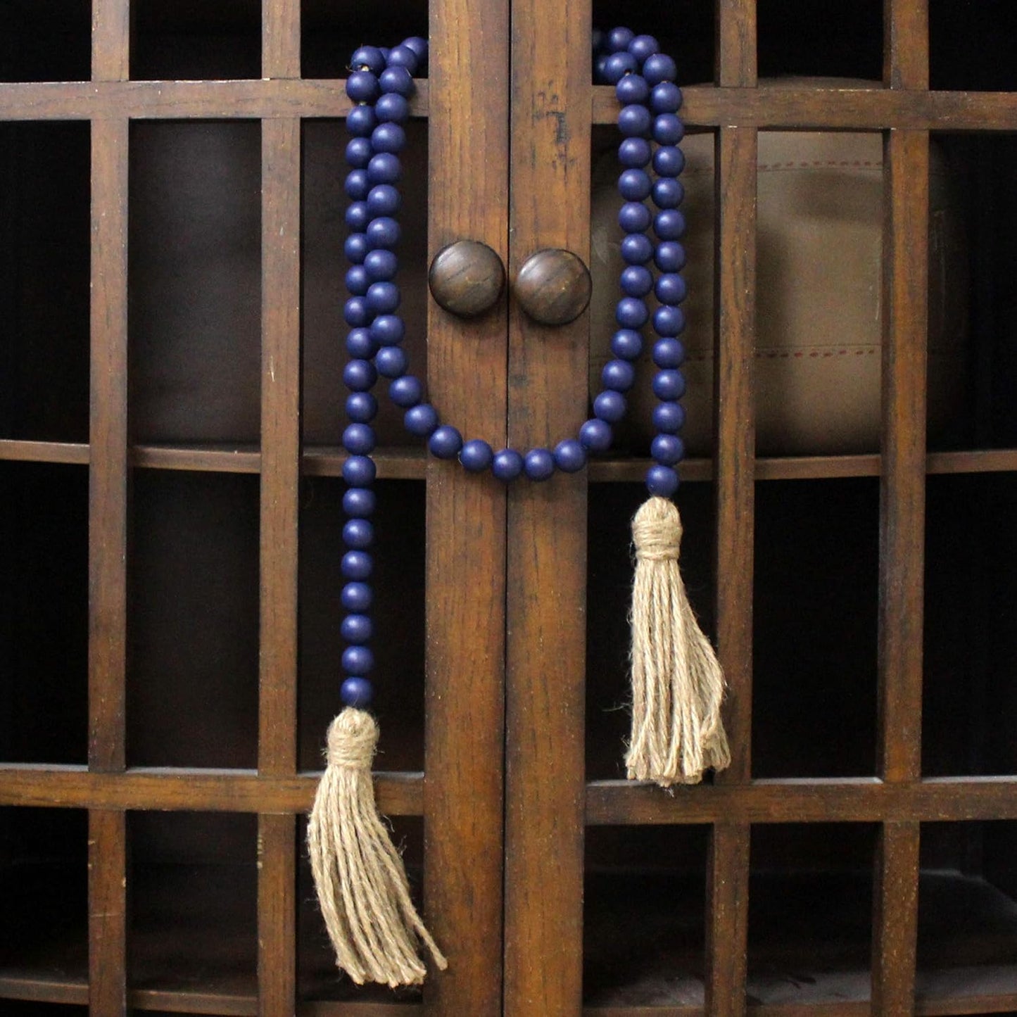 CVHOMEDECO. Wood Beads Garland with Tassels Farmhouse Rustic Wooden Prayer Bead String Wall Hanging Accent for Home Festival Decor. Mix Distressed