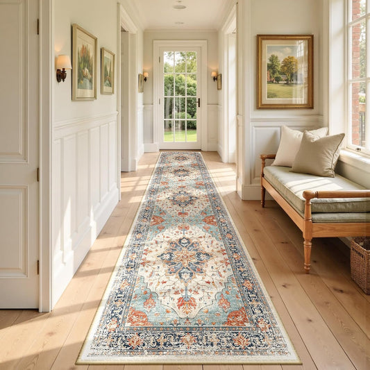 RELEANY Area Rugs Round 6ft Washable Non-Slip, Floral Vintage Distress Print Pattern Medallion Carpet for Living Room Bedroom Dining Room, Brick Red Rust Neutral Brown Burnt Orange Green - Colors D