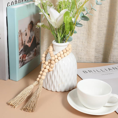 2Pcs 34in Wood Bead Garland with Tassels, Natural Wooden Beads Garland, Boho Decorative Beads Home Decor for Coffee Table, Wall, Shelf, Tray, Vase, Living Room, Bedroom